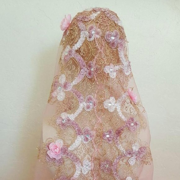Blush Pink & Gold Embroidered Bridal Veil